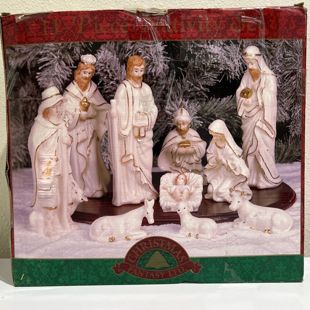 Porcelain Nativity Set 11 Pc w/ Wood Display in Box Christmas Fantasy Wonderland